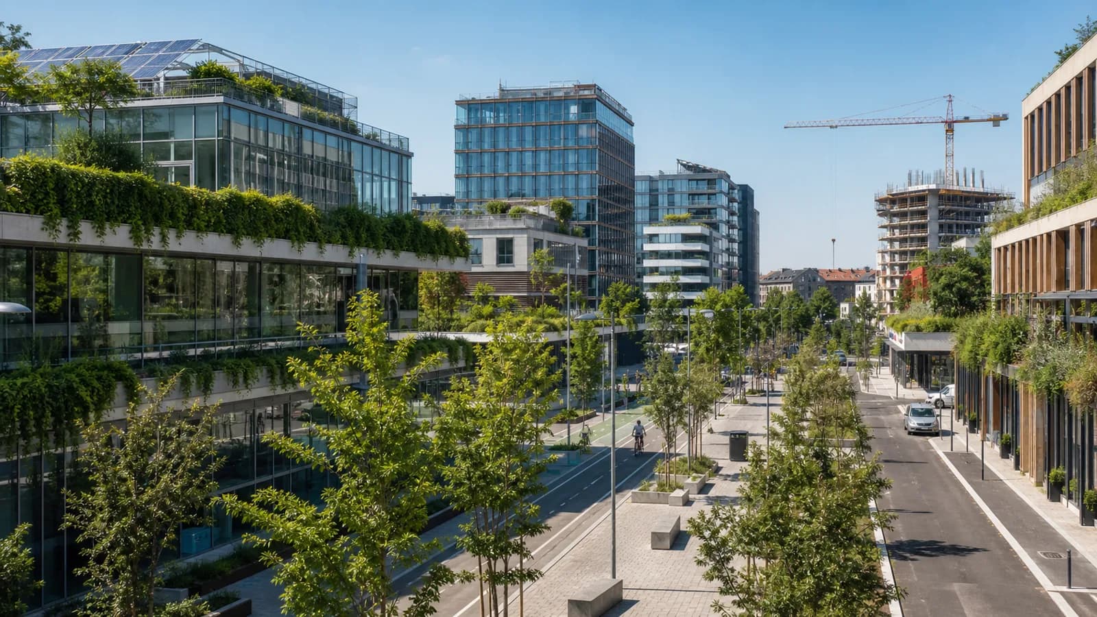 Distretto direzionale sostenibile con edifici verdi, pannelli solari e mobilità ciclabile